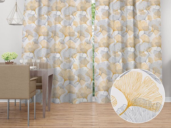 Biante Bavlněný závěs Sandra SA-745 Šedo-hořčicové ginkgo listy na bílém 150x140 cm