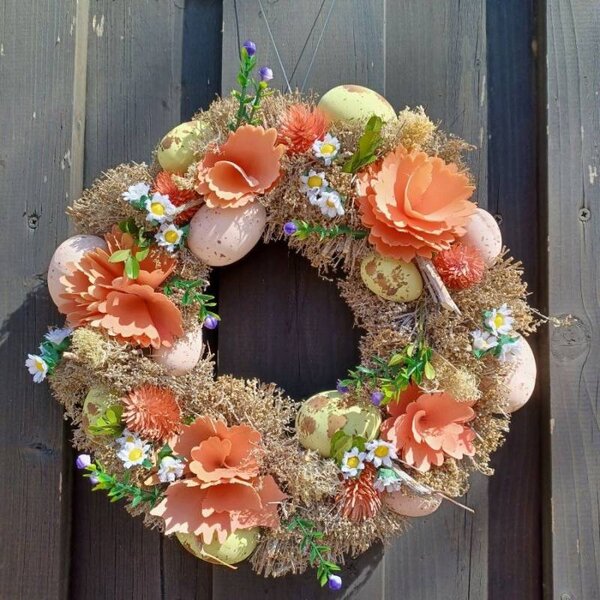DECOLED Velikonoční věnec na dveře 30 × 30 × 8 cm, růžové květy, plast, venkovní