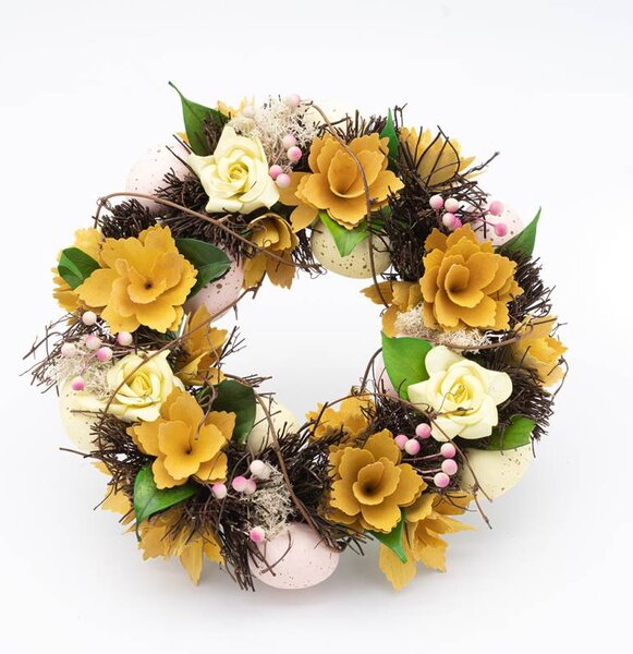 DECOLED Velikonoční věnec na dveře 30 × 30 × 8 cm, žluté květy, plast, venkovní