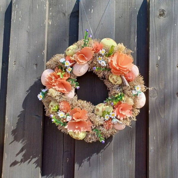 DECOLED Velikonoční věnec na dveře 30 × 30 × 8 cm, růžové květy, plast, venkovní