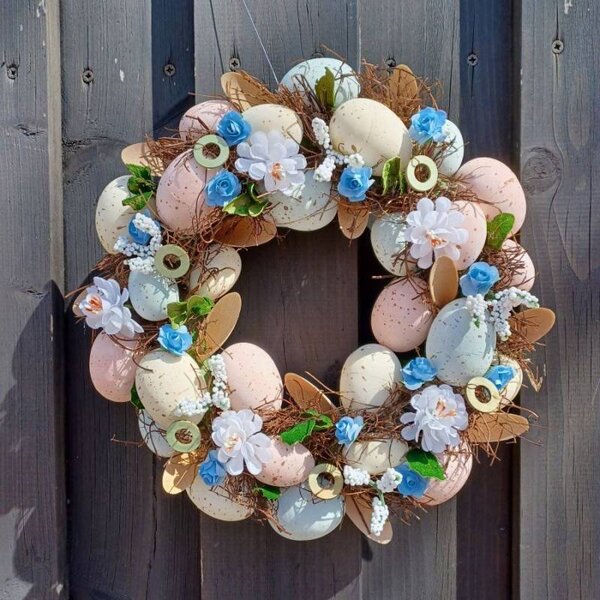 DECOLED Velikonoční věnec na dveře 30 × 30 × 8 cm, modré kvítky a vajíčka, venkovní