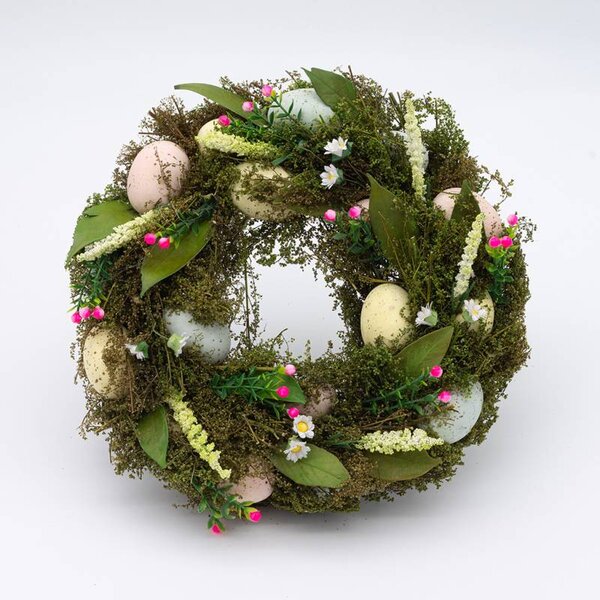 DECOLED Velikonoční věnec na dveře, 30 × 30 × 8 cm, traviny a vajíčka, venkovní
