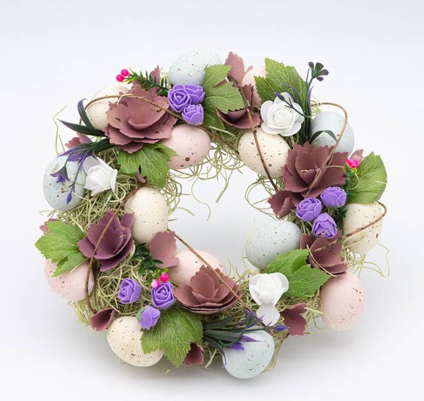 DECOLED Velikonoční věnec na dveře 30 × 30 × 8 cm, proutí plast, fialové a růžové květy, venkovní
