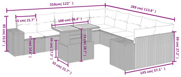 11dílný zahradní sedací souprava s poduškami béžový polyratan 3272830