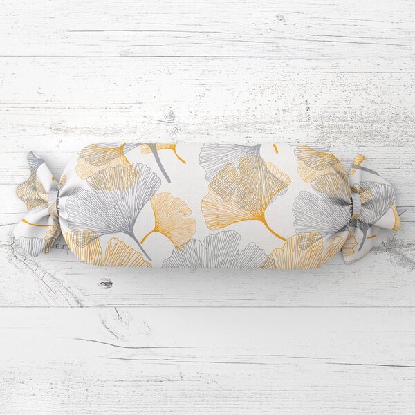 Biante Polštář válec bonbon Sandra SA-745 Šedo-hořčicové ginkgo listy na bílém 15x40 cm