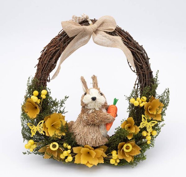 DECOLED Velikonoční věnec na dveře 33 × 31 × 10 cm, proutí, žluté květy a zajíc s mrkví, venkovní