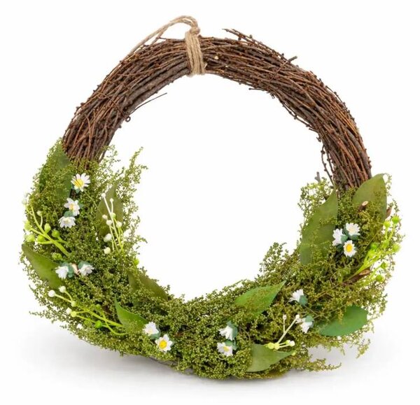 DECOLED Velikonoční věnec na dveře 34 × 31 × 8 cm, proutí a zelené větvičky s drobnými kvítky, plast, venkovní
