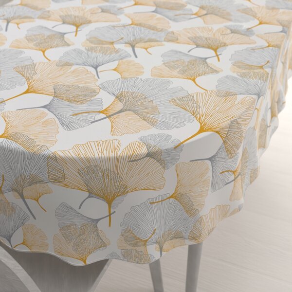 Biante Bavlněný oválný ubrus Sandra SA-745 Šedo-hořčicové ginkgo listy na bílém 50x100 cm