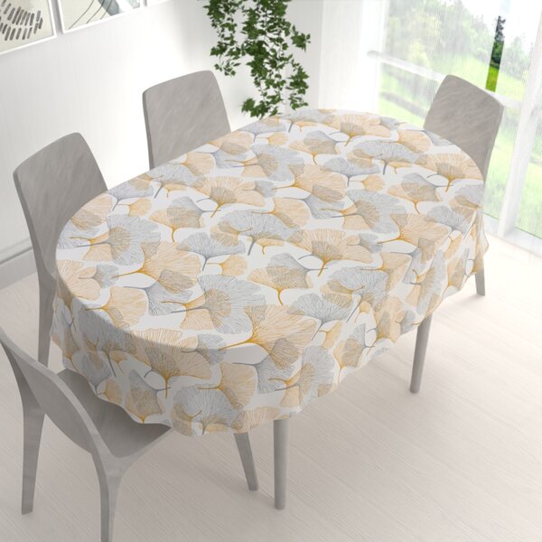 Biante Bavlněný oválný ubrus Sandra SA-745 Šedo-hořčicové ginkgo listy na bílém 50x100 cm