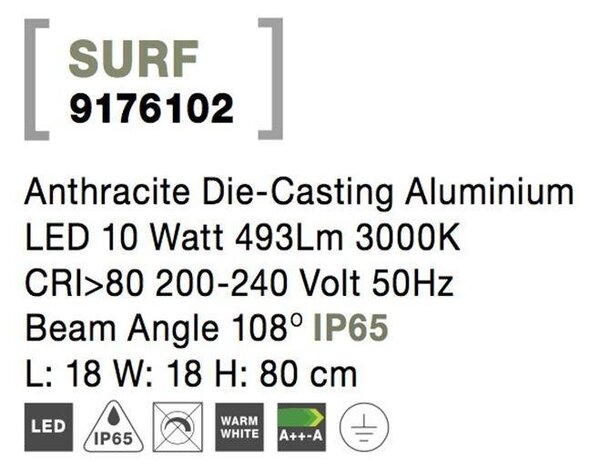 NV 9176102 Venkovní sloupkové svítidlo SURF LED antracit 3000K 200-240V 108st. IP65 - NOVA LUCE