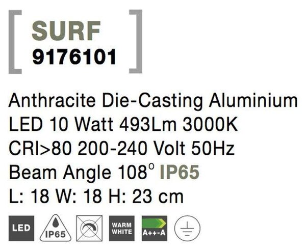 NV 9176101 Venkovní sloupkové svítidlo SURF antracitový hliník LED 8W 3000K 200-240V 108st. IP65 - NOVA LUCE