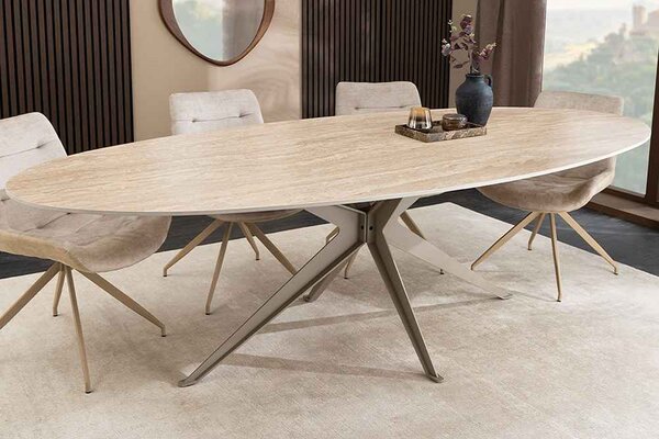 Oválný keramický jídelní stůl Tavorian 220 cm travertin / šampaňský