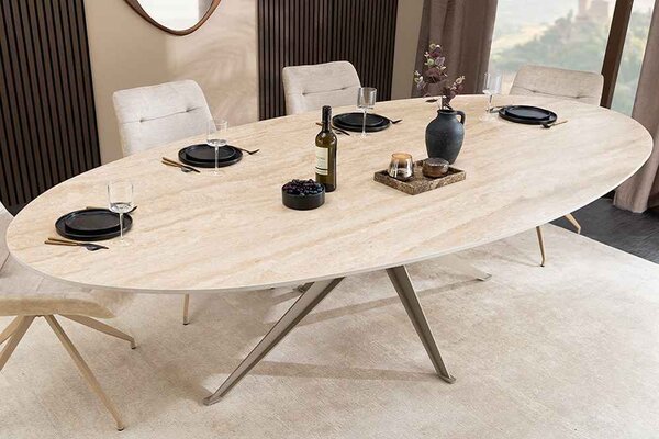 Oválný keramický jídelní stůl Tavorian 220 cm travertin / šampaňský