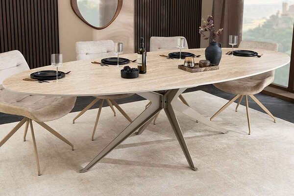Oválný keramický jídelní stůl Tavorian 220 cm travertin / šampaňský