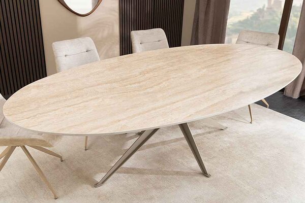Oválný keramický jídelní stůl Tavorian 220 cm travertin / šampaňský