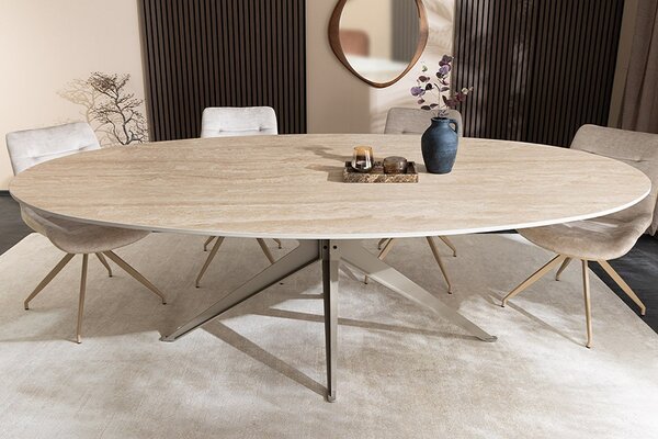 Oválný keramický jídelní stůl Tavorian 220 cm travertin / šampaňský