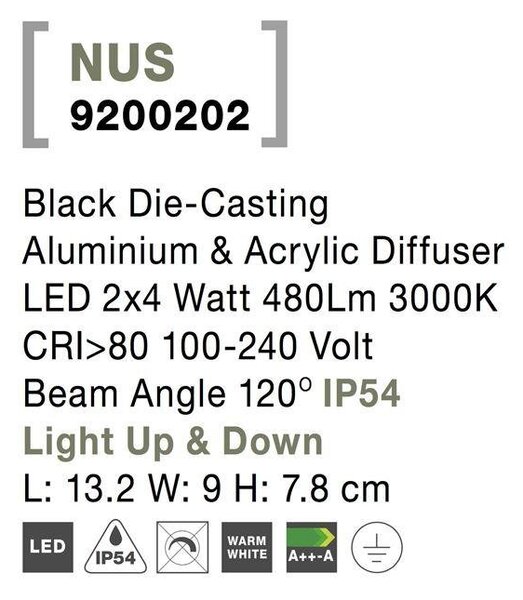 NV 9200202 Venkovní nástěnné svítidlo NUS černý hliník a akrylový difuzor LED 2x4W 3000K 100-240V 120st. IP54 světlo nahoru a dolů - NOVA LUCE