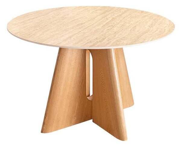 Kulatý keramický jídelní stůl Yenibeth 120 cm travertin / dub