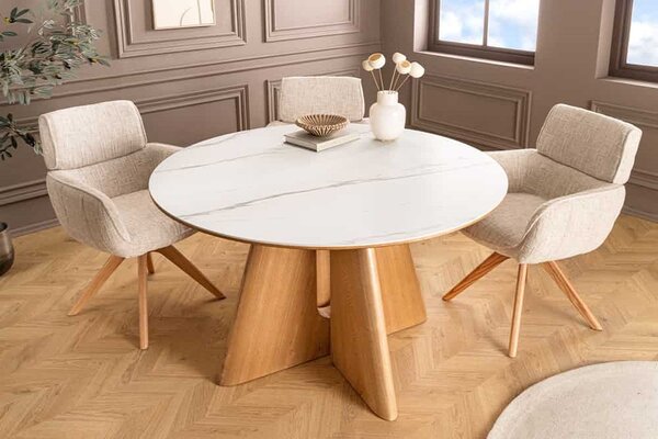 Kulatý keramický jídelní stůl Yenibeth 120 cm bílý mramor / dub