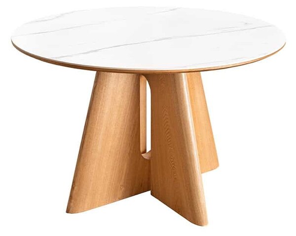 Kulatý keramický jídelní stůl Yenibeth 120 cm bílý mramor / dub