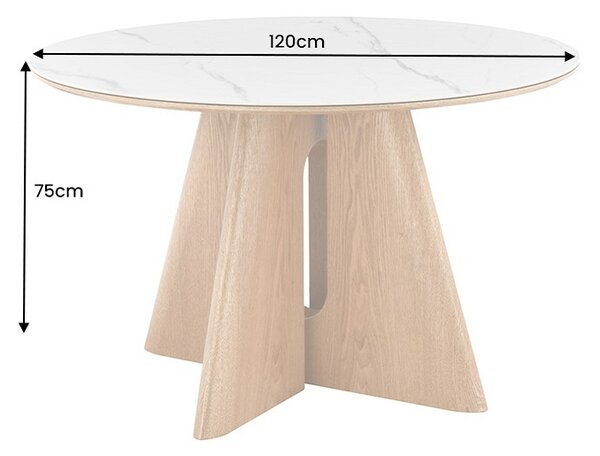 Kulatý keramický jídelní stůl Yenibeth 120 cm bílý mramor / dub