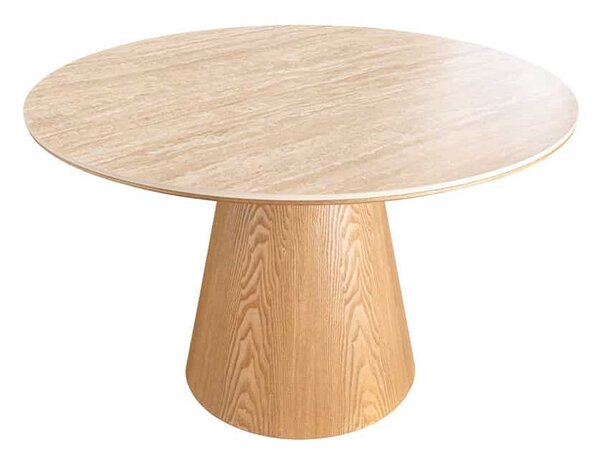 Kulatý keramický jídelní stůl Parthenia 120 cm travertin / dub