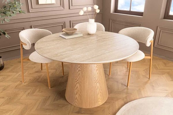 Kulatý keramický jídelní stůl Parthenia 120 cm travertin / dub