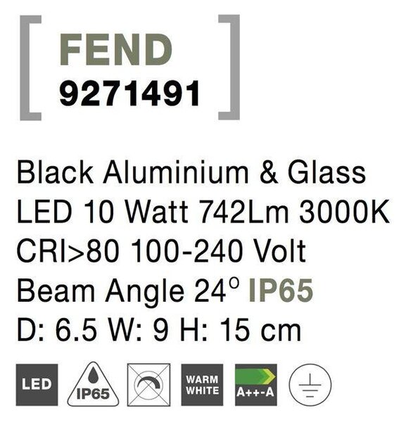 NV 9271491 Venkovní nástěnné svítidlo FEND černý hliník a sklo LED 10W 3000K 100-240V 24st. IP65 - NOVA LUCE
