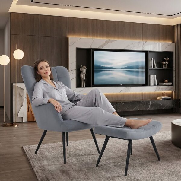 Relaxační křeslo ušák s podnožkou LUMEN - šedá Velvet látka