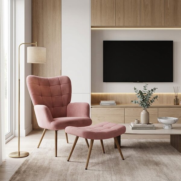 Relaxační křeslo ušák s podnožkou LUMEN - růžová Velvet látka