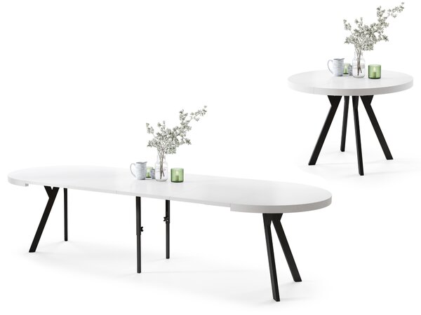 Mazzoni EXPANSO Bílý Mat/černé nohy - VELKÝ KULATÝ STŮL Ø110 ROZKLÁDACÍ NA 310 cm S NOHAMI VE TVARU Y LOFTOVÝ/INDUSTRIÁLNÍ