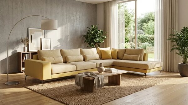Moderní rohová sedací souprava NICOLE XXL, pravá, béžová (enjoy new lux - 1 beige) / žlutá (enjoy new lux - 11 melon)