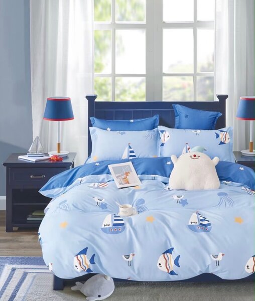100% Bavlněné dětské povlečení na zip – Námořnický motiv / Mořský svět (Přikrývka 140×200 cm + Polštář 70×90 cm, Světle modrá)