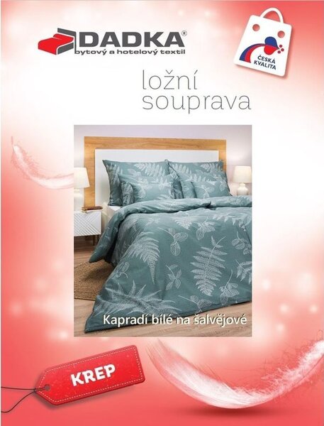 Krepové povlečení Kapradí bílé na šalvějovém podkladu 140x200, 70x90 cm