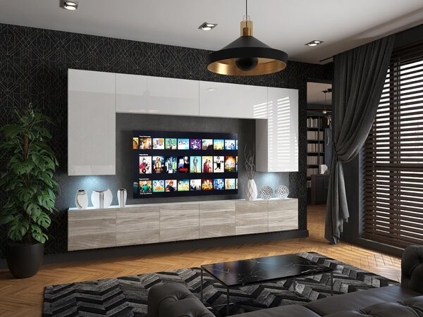 Obývací stěna 300 cm Belini bílý lesk / šedý antracit Glamour Wood Imperium 2