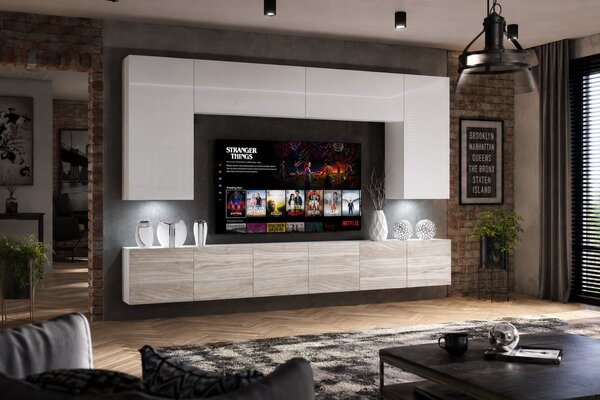 Obývací stěna 300 cm Belini bílý lesk / šedý antracit Glamour Wood Imperium 2