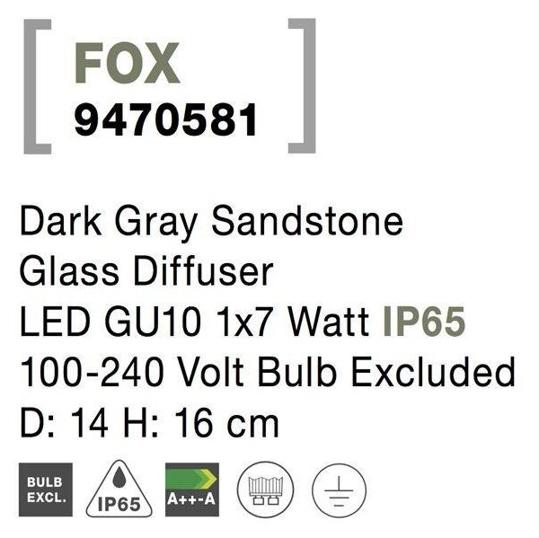 NV 9470581 Venkovní sloupkové svítidlo FOX tmavě šedý pískovec skleněný difuzor GU10 1x7W 100-240V bez žárovky IP65 - NOVA LUCE