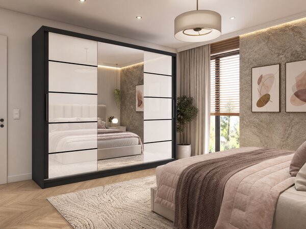 Šatní skříň 232 cm Belini černý mat / bílý lesk s posuvnými dveřmi zrcadlem a zásuvkami