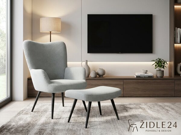 Relaxační křeslo ušák s podnožkou ARIA - modrý manšestr