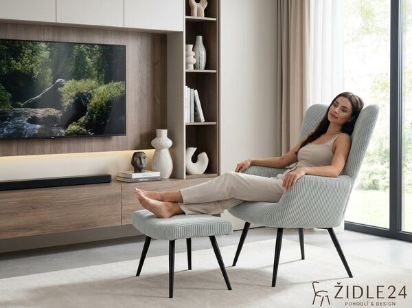 Relaxační křeslo ušák s podnožkou ARIA - modrý manšestr