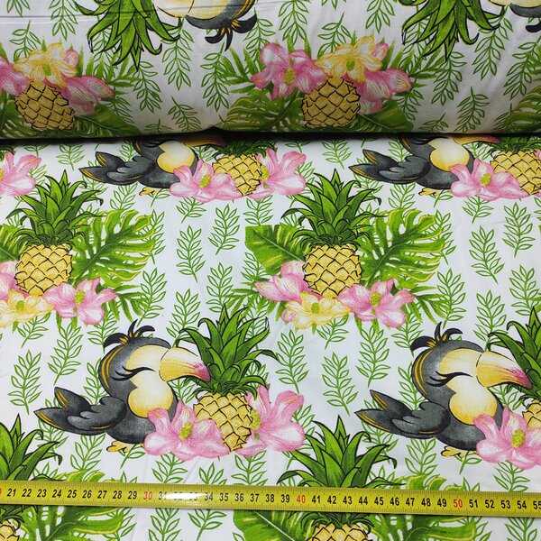 Bavlněná látka 100% bavlny, 125 g/m², šíře 160 cm, papoušek a ananas na bílém