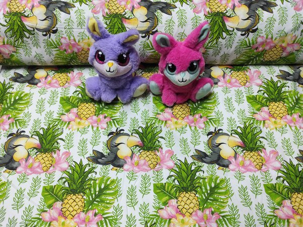 Bavlněná látka 100% bavlny, 125 g/m², šíře 160 cm, papoušek a ananas na bílém