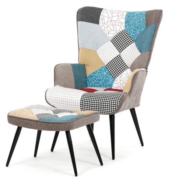 Relaxační křeslo s podnožkou AIRO - patchwork látka