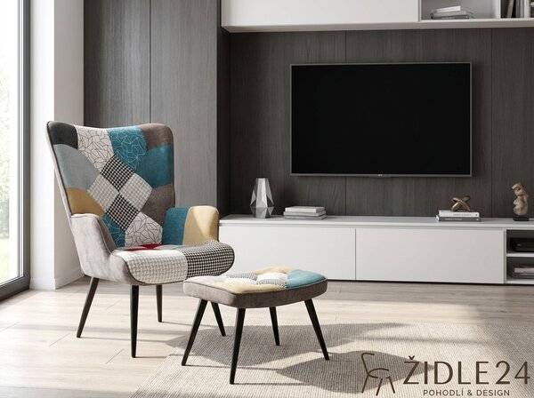 Relaxační křeslo s podnožkou AIRO - patchwork látka