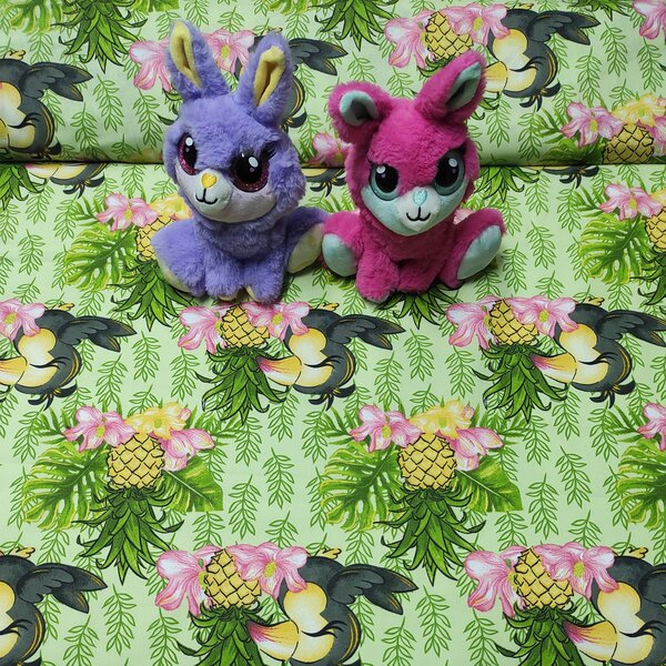 Bavlněná látka 100% bavlny, 125 g/m², šíře 160 cm, papoušek a ananas na zeleném