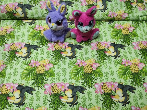 Bavlněná látka 100% bavlny, 125 g/m², šíře 160 cm, papoušek a ananas na zeleném
