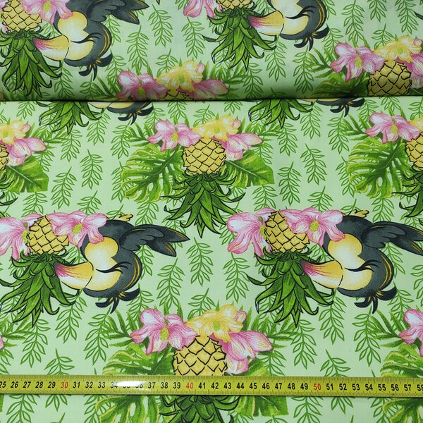 Bavlněná látka 100% bavlny, 125 g/m², šíře 160 cm, papoušek a ananas na zeleném