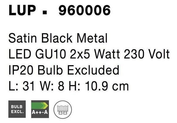 NV 960006 Bodové svítidlo LUP saténový černý kov GU10 2x5W 230V IP20 bez žárovky - NOVA LUCE