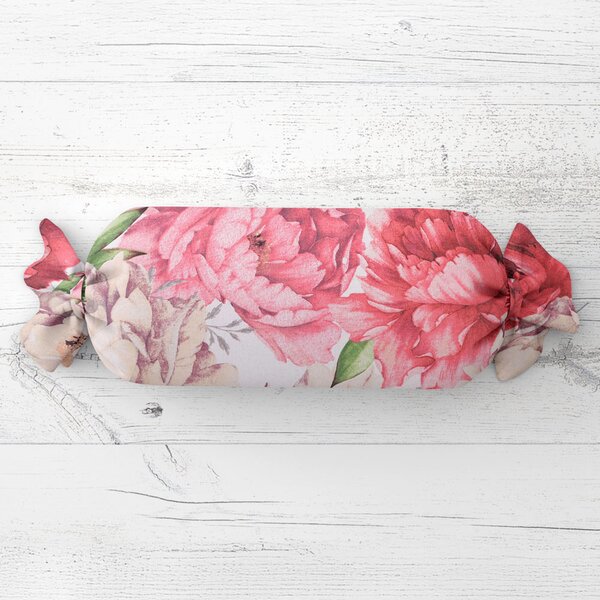 Biante Polštář válec bonbon Sandra SA-746 Velké růžovo-béžové pivoňky na bílém 15x40 cm