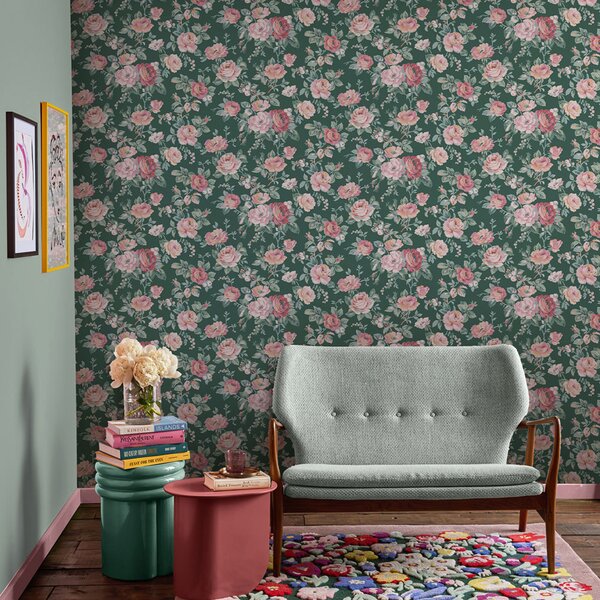 Vliesová tapeta na zeď, zelená, růžová, květiny, růže, 125502, Cath Kidstone